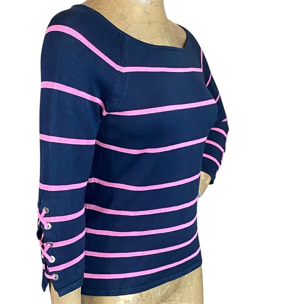 Carlisle Silk Blend Boat-Neck Striped Knit Top Sz L Navy Pink #288M - Picture 2 of 7